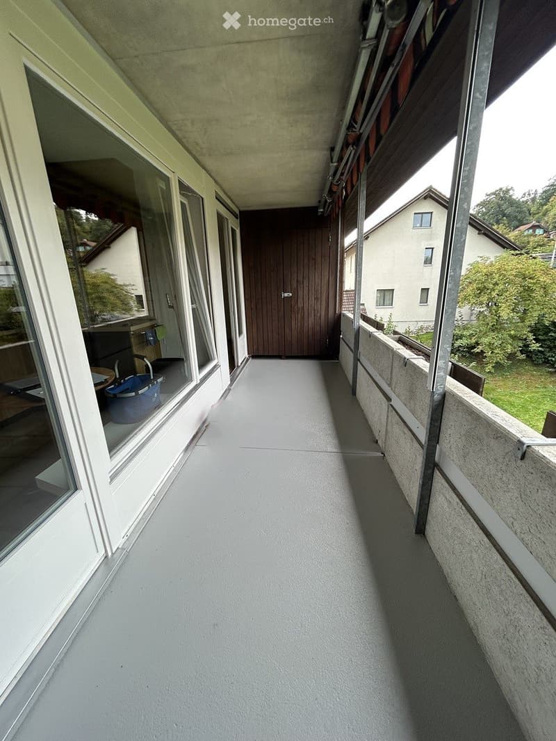 Balcony with a smooth concrete floor, large windows on one side, and a wooden door at the end leading to another area.