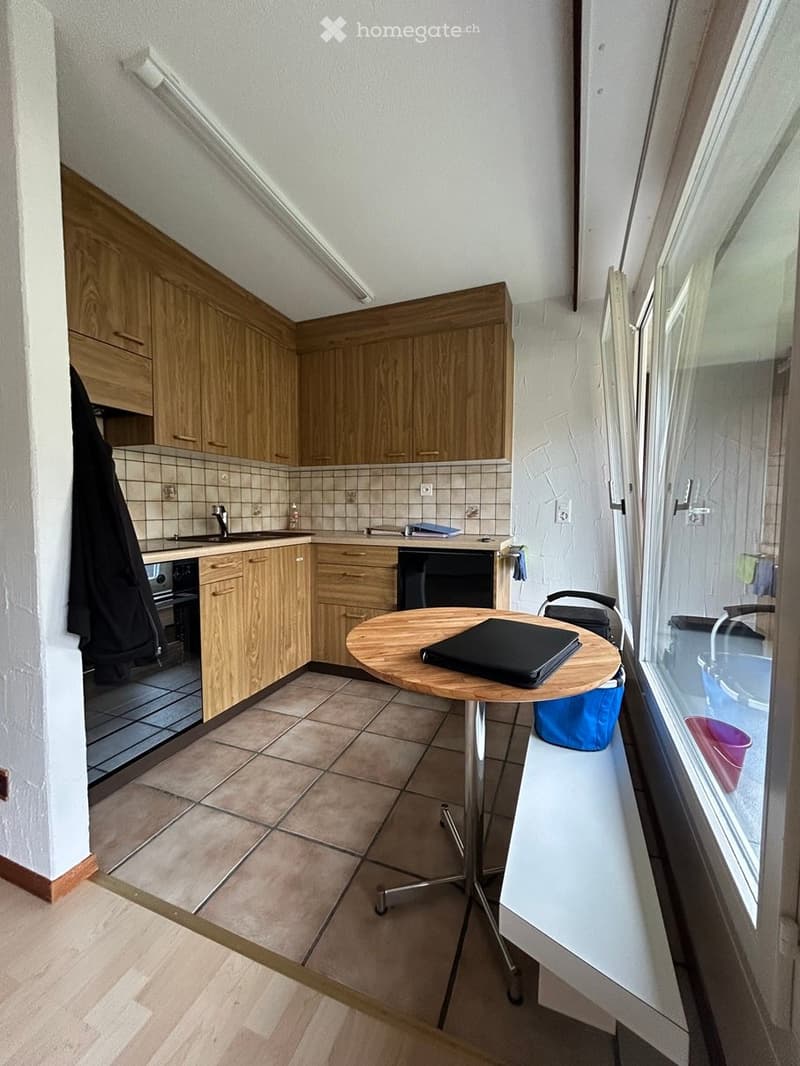 The image shows a small, modern kitchen with wooden cabinets, a sink, a dishwasher, and a small round table with a laptop on it. The kitchen features tiled walls and a tiled floor, with a window providing natural light.
