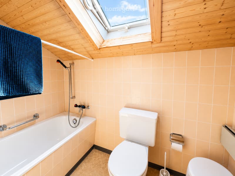 Bathroom with light peach tiles, a white bathtub with a handheld shower, a toilet, a toilet paper holder, and a towel on a wooden shelf. A skylight window is visible above the bathtub.