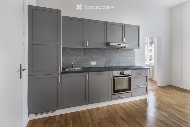 Modern kitchen with grey cabinets, stainless steel appliances, and wooden flooring.