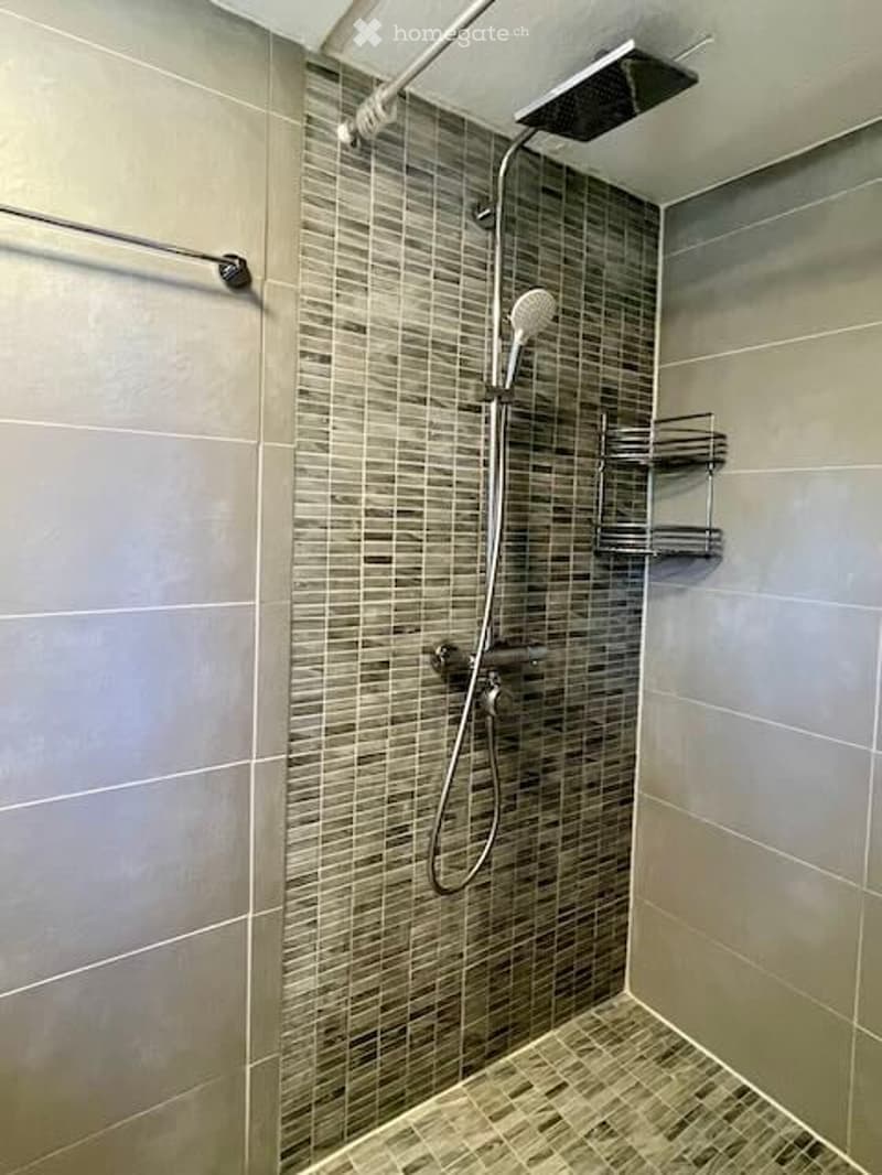 shower, tiled wall, towel bar, metal shower head, and soap holder