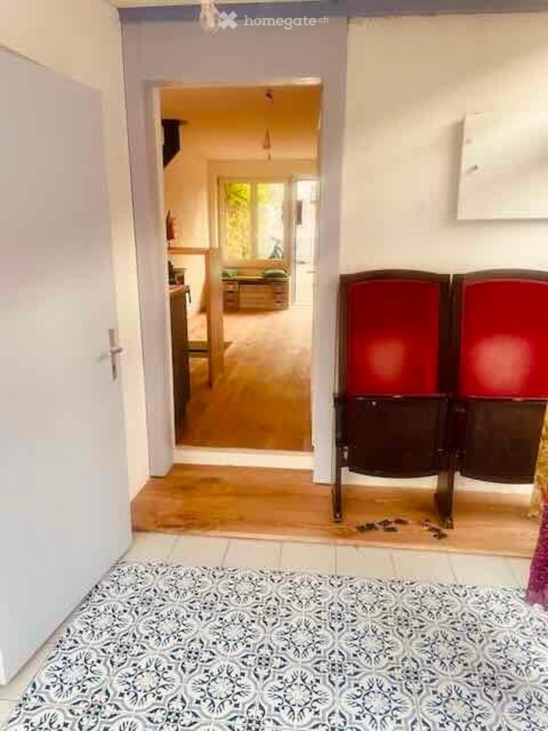 A narrow hallway with a patterned rug, leading to an open living area with a sofa and a dining table visible in the background.