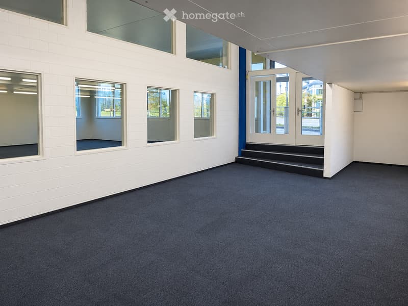 Empty room with white brick walls, blue carpet flooring, large windows, and a set of double doors leading outside.