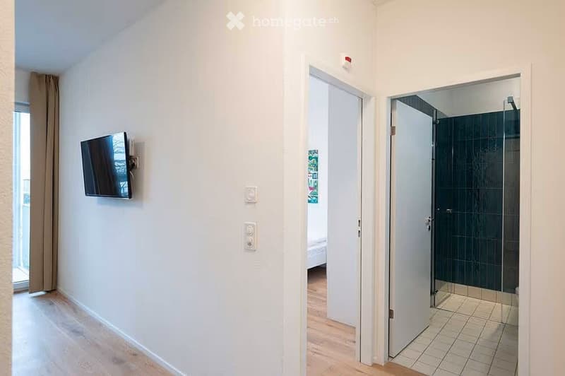 Hallway with light wooden flooring, white walls, a mounted TV, a glass shower enclosure, and a partially visible bedroom.