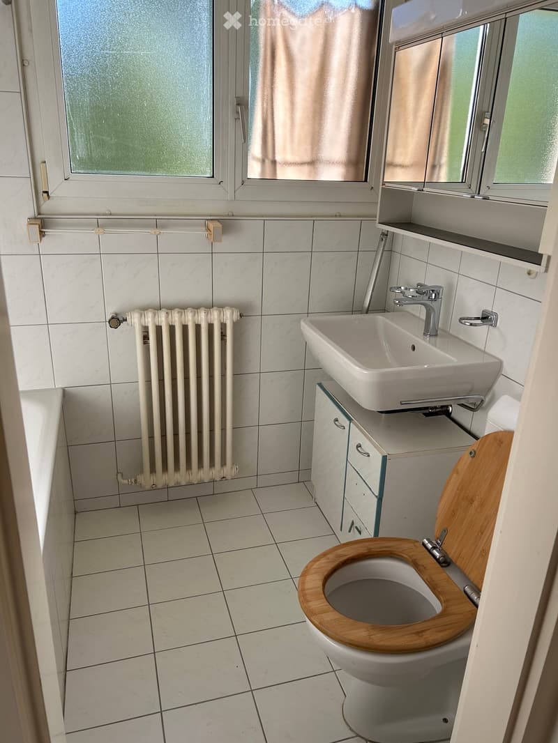 Modern bathroom with white tiles, a toilet with a wooden seat, a sink with a modern faucet, a small cabinet, and a radiator.