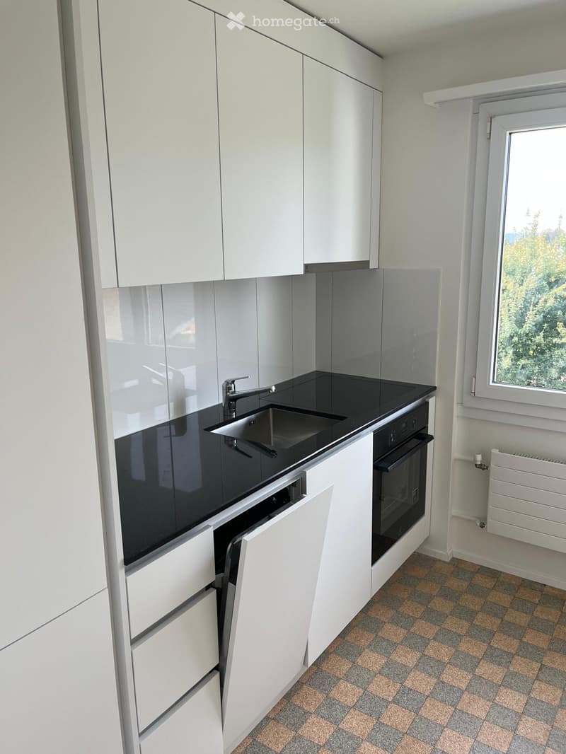 modern kitchen with white cabinets, black countertops, stainless steel sink, oven, dishwasher, and a window with a view