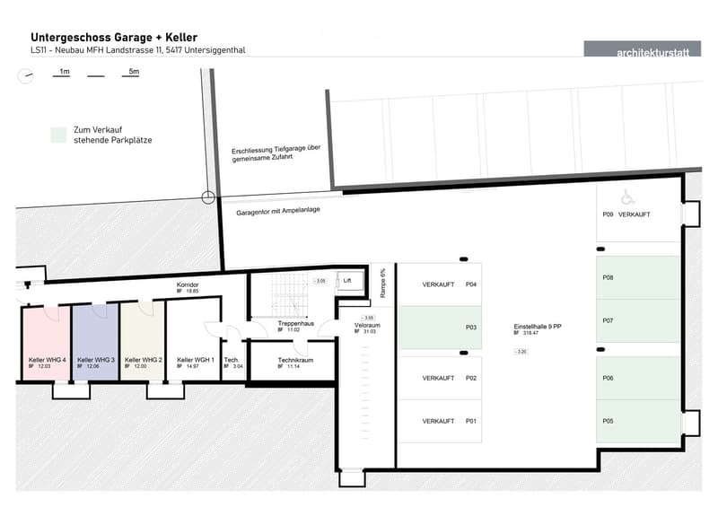 Floor plan of a basement and garage area, including multiple parking spaces, storage rooms, a stairwell, and a lift.
