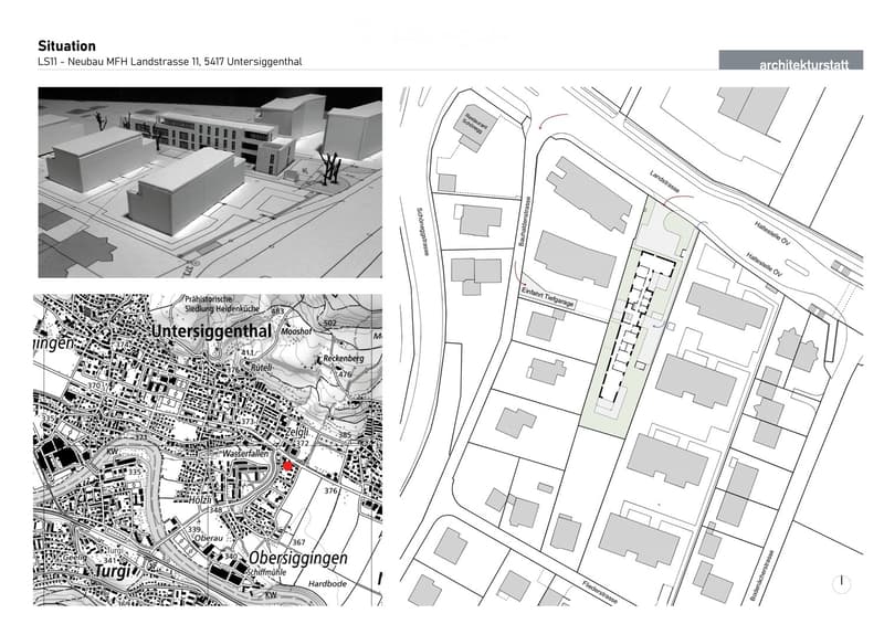 Floor plan and site layout for a new multi-family housing development at Landstrasse 11, Untersiggenthal. Includes building outlines, surrounding streets, and neighborhood map.