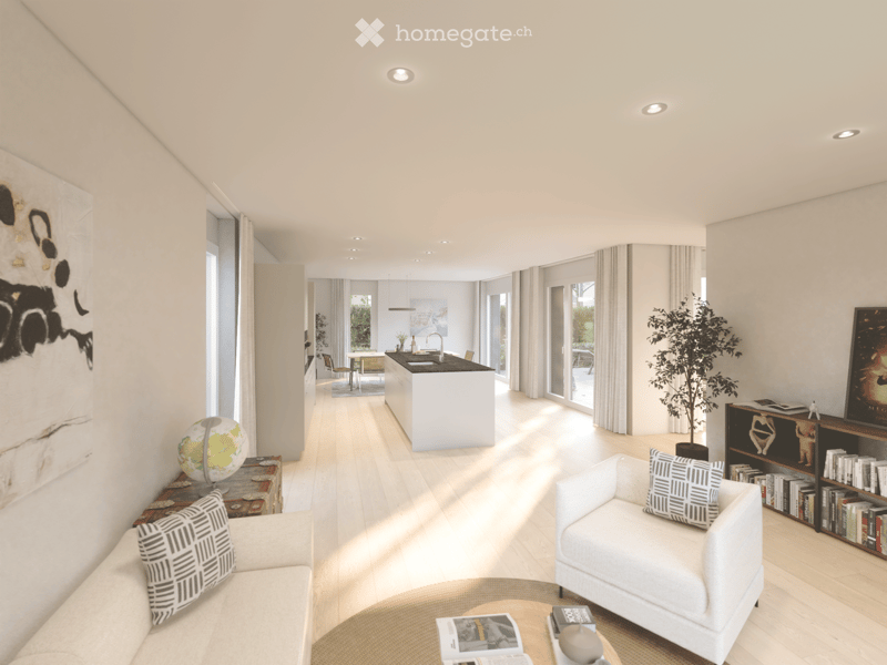 Modern open-plan living and dining area with a white sofa, coffee table, bookshelf, dining table, and kitchen island. Features large windows, a globe, and a potted plant.