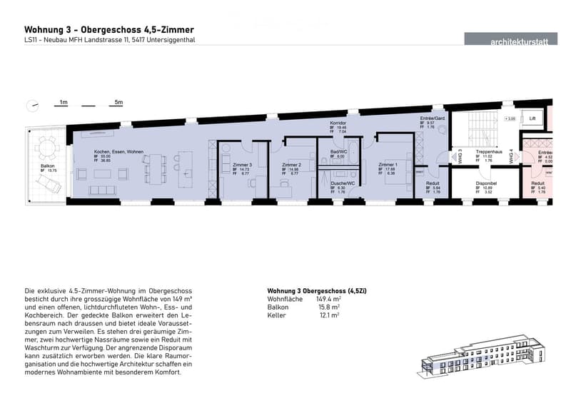 Floor plan of a 4.5-room apartment on the upper floor, featuring a living, dining, and kitchen area, three bedrooms, a bathroom, a balcony, and a hallway.