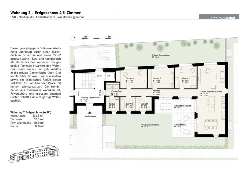 Floor plan of a 4.5-room apartment on the ground floor, featuring a living, dining, and kitchen area, three bedrooms, two bathrooms, a covered terrace, and a private garden area.