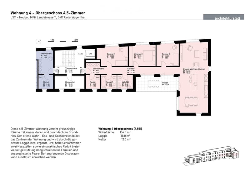 Floor plan of a 4.5-room apartment on the upper floor, including living, dining, kitchen, bedrooms, bathrooms, and a loggia.