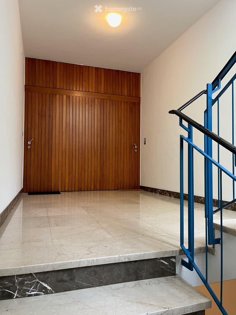 Hallway with a wooden door, marble flooring, and a blue metal staircase railing.