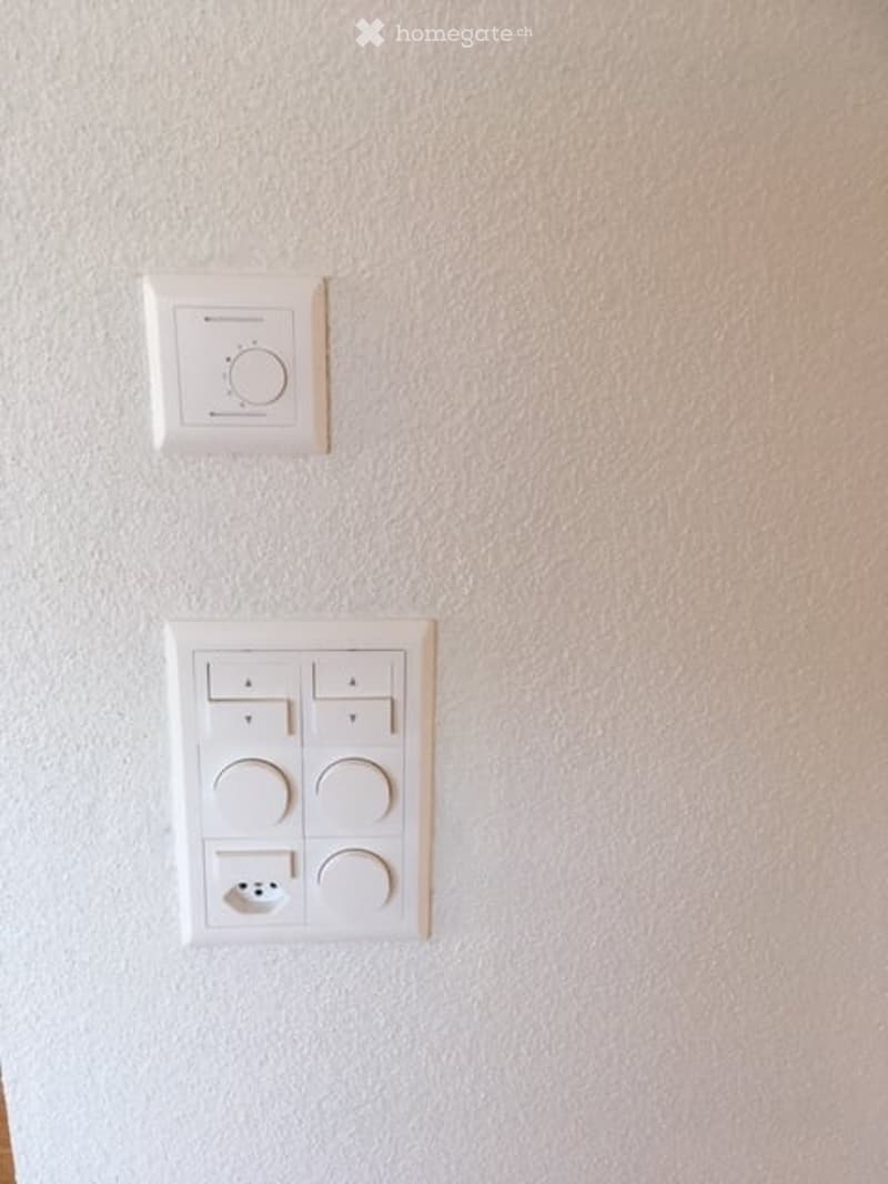 A plain wall with two modern light switches and a dimmer control fixture.