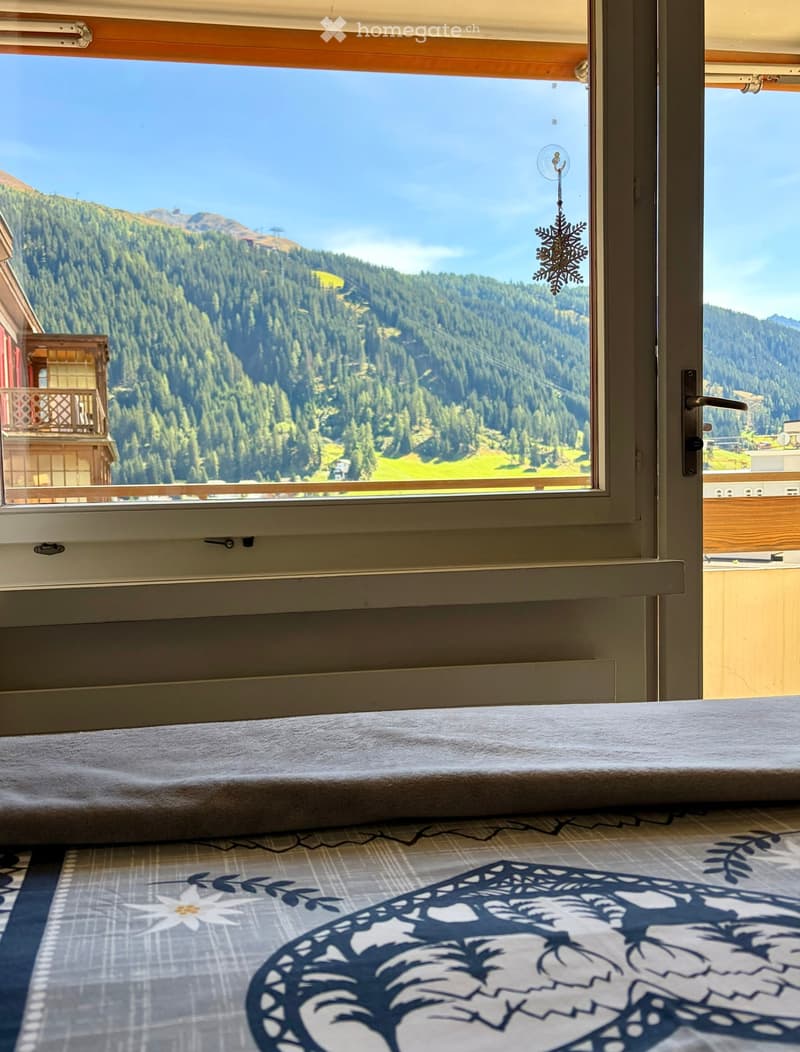 Balcony with a view of a forested mountain range, featuring a white cushion and a decorative snowflake ornament hanging from the ceiling.