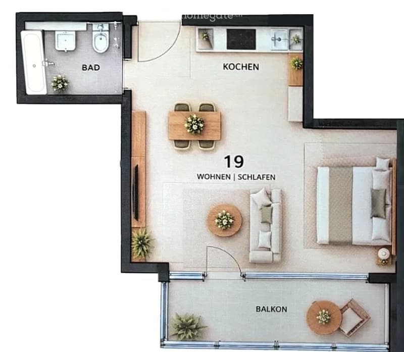 Floor plan of a 19 square meter apartment with a living/sleeping area, kitchen, bathroom, and balcony.