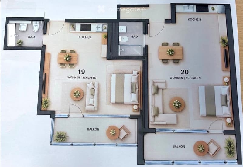 Floor plan of a modern apartment with two bedrooms, two bathrooms, two balconies, and a kitchen.