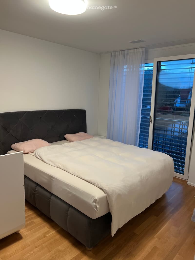 Modern bedroom with a large bed, tufted headboard, and soft pink pillows, featuring wooden flooring and large windows with curtains.