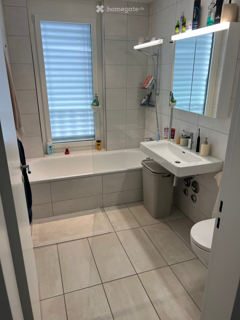 Modern bathroom with a bathtub, sink, toilet, mirror, and shower area. Features tiled walls and floor, a window with blinds, and various toiletries on the sink counter and shower shelf.