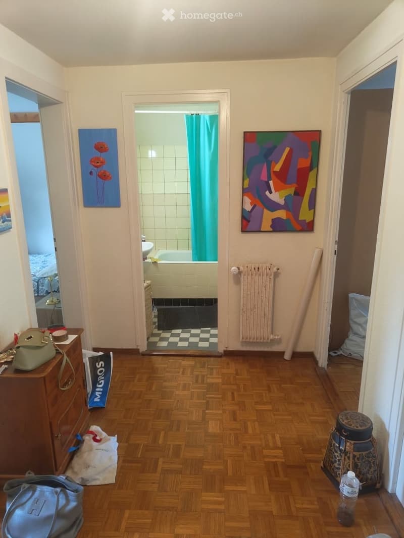 The image shows a hallway with wooden flooring, a radiator, and two paintings on the walls. There is a view into a bathroom with a bathtub and a shower curtain. Several bags and a bottle are placed on the floor.
