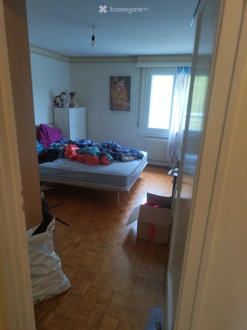 A bedroom with a wooden floor, a bed with pillows and blankets, a wardrobe, a painting on the wall, a radiator, and a window with curtains. There is also a cardboard box on the floor.