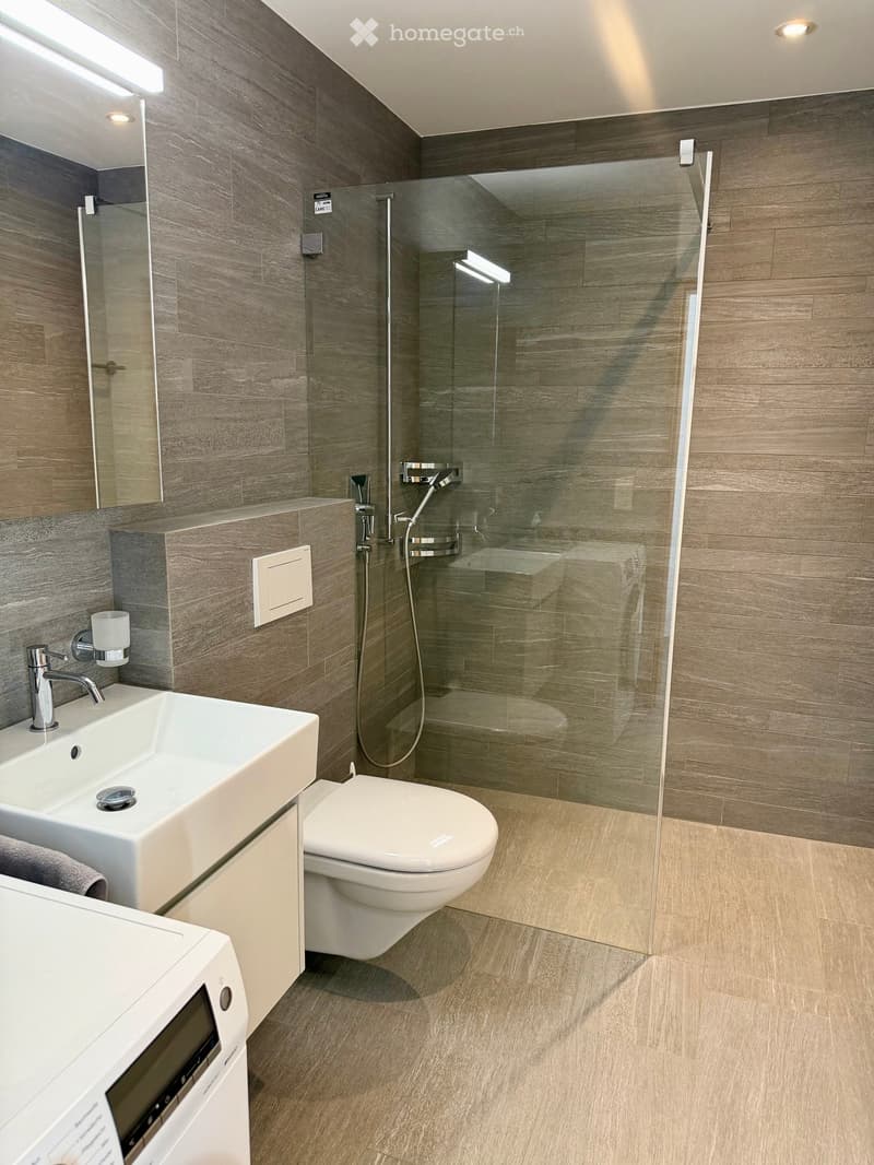 Modern bathroom with a white sink, toilet, glass-enclosed shower, and a towel on the counter.