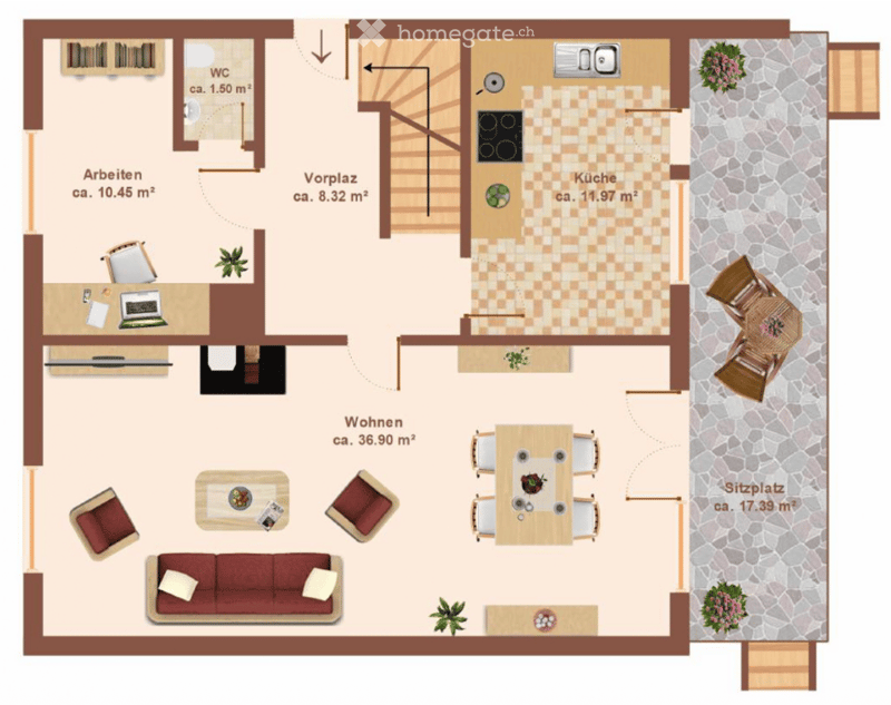 Floor plan of a 2-room apartment with a living area, kitchen, bedroom, and bathroom. Includes a balcony and seating area.
