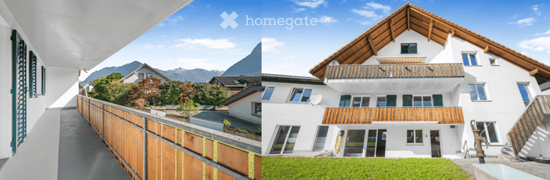 Two images: left shows a wooden fence and pathway leading to a house with a view of mountains; right shows a large white house with a wooden balcony and traditional roof, surrounded by greenery and a clear blue sky.