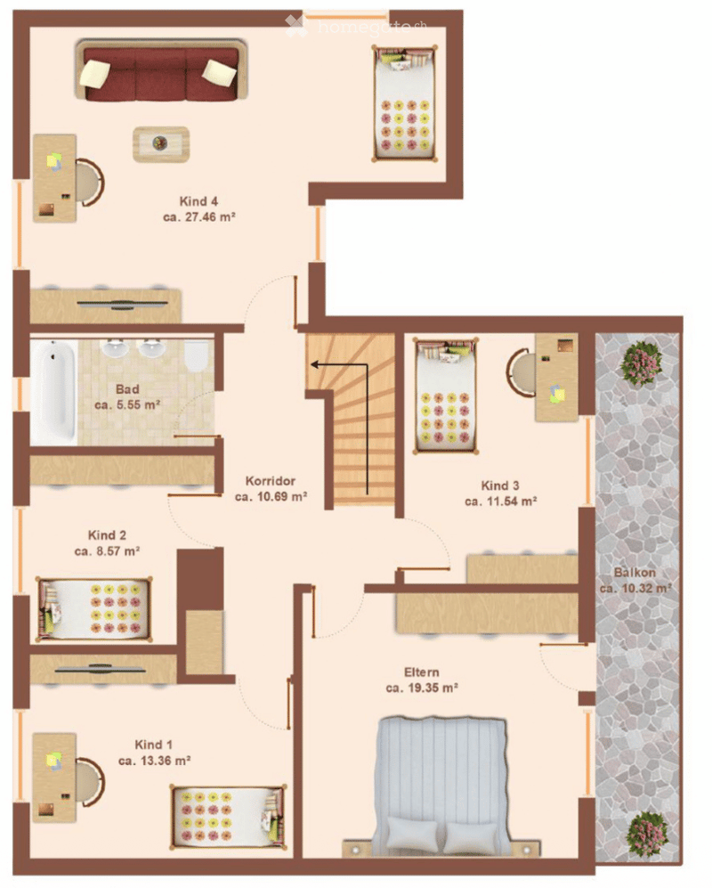 Floor plan of a 5-bedroom apartment with a balcony, including living spaces, bedrooms, and a bathroom.