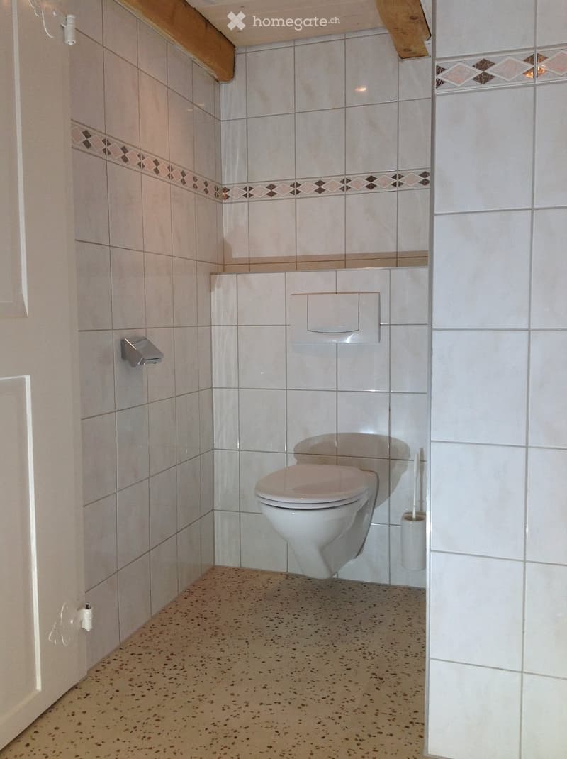 A small bathroom with white tiled walls, a toilet, a toilet paper holder, and a toothbrush holder. The floor is speckled beige tile.
