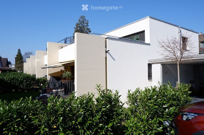 modern white house, garden, plants, red car parked in garage