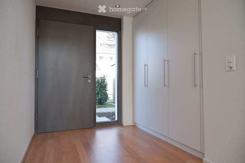 entryway, wooden floor, white walls, large door, glass window, modern design, tall white closets, power outlets