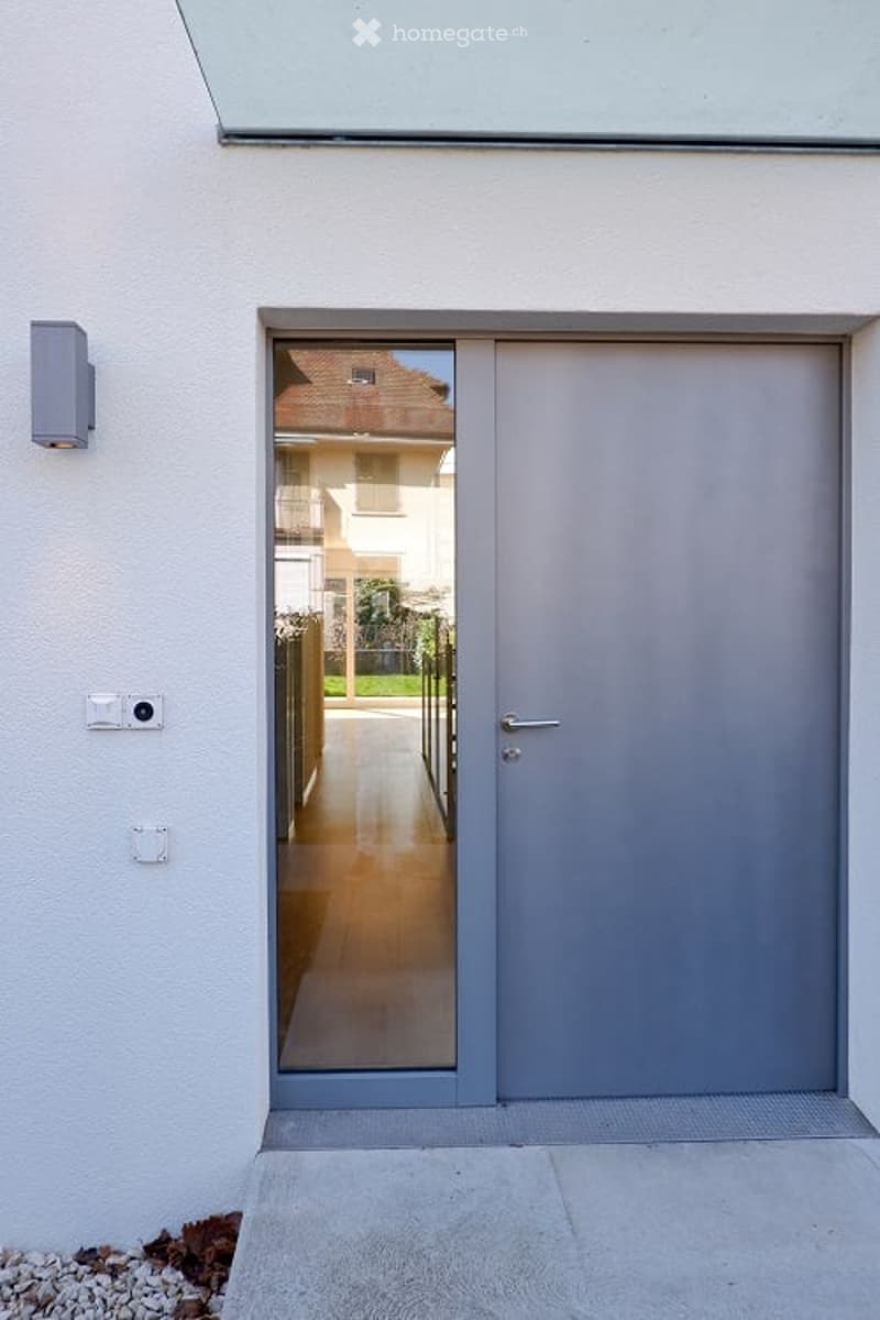 A modern exterior of a building with a glass door and door handles. The exterior features a white wall and gray door with a glass panel.