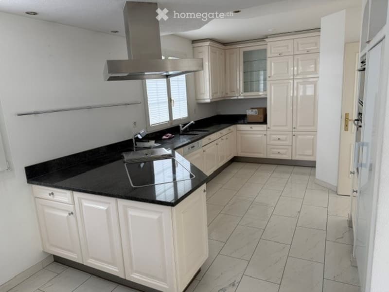 Modern kitchen with white cabinets, black countertops, and a central island. Features include a stainless steel range hood, a sink with a faucet, and a dishwasher.
