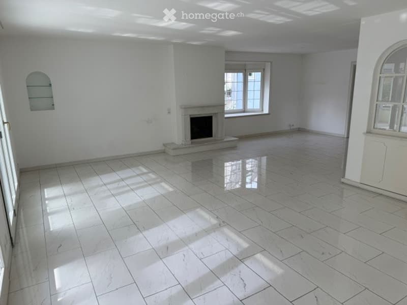 Empty room with white walls, polished marble floor, fireplace, large windows, and skylights allowing natural light.
