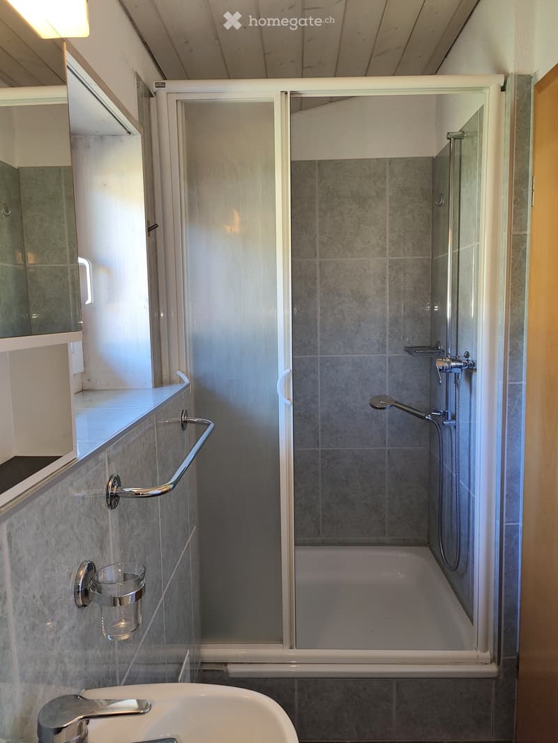 Modern bathroom with a bathtub, glass shower enclosure, and built-in shelves. Features a chrome faucet, shower handle, and a cup holder on the wall.