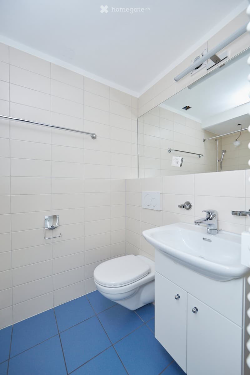 Modern bathroom with white tiles, blue floor tiles, a toilet, a sink with a modern faucet, and a mirror above the sink.
