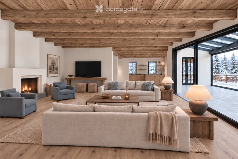 Cozy living room with exposed wooden beams, fireplace, large windows offering a view, and comfortable seating including sofas, armchairs, and ottomans.