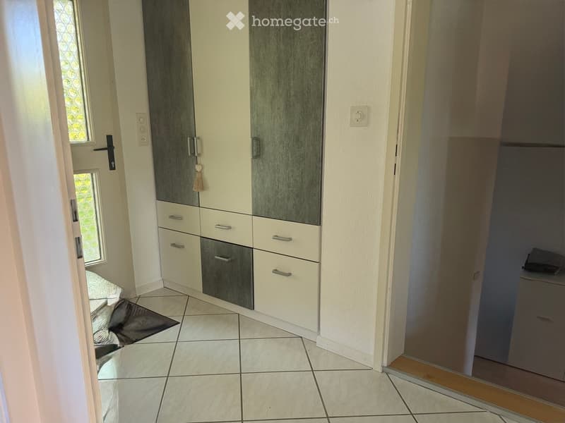 Hallway with tiled floor, white walls, built-in storage units with grey and white panels, small window with decorative glass, and a door with a tassel decoration.