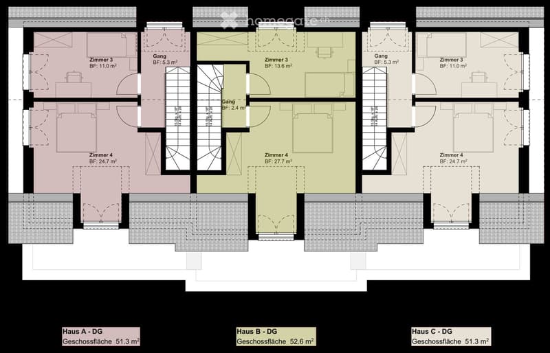 Floor plan of three houses (Haus A, Haus B, Haus C) on the top floor (DG). Each house includes multiple rooms labeled Zimmer 3 and Zimmer 4, with corresponding floor areas. Hallways (Gang) connect the rooms.