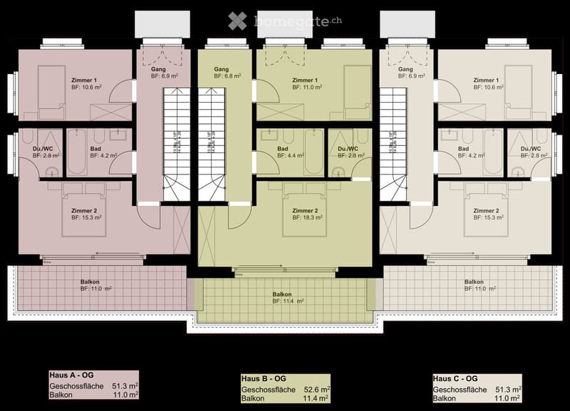 Floor plan of three residential units (Haus A, B, C) on the first floor, each featuring two bedrooms, bathrooms, and balconies.