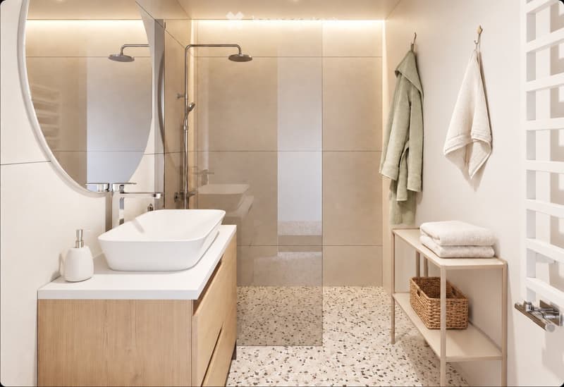 Modern bathroom with a white sink, sleek faucet, large mirror, and neatly arranged towels on a wooden shelf.