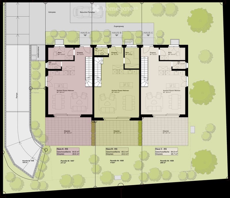 Floor plan of three houses (Haus A, Haus B, Haus C) with kitchens, living spaces, bathrooms, and entrances. Includes parking and visitor parking areas.