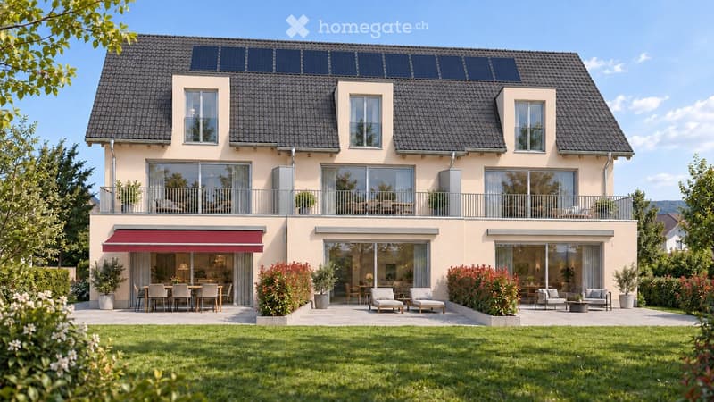 Two-story house with solar panels on the roof, large windows, and a spacious garden with outdoor seating and a dining area.