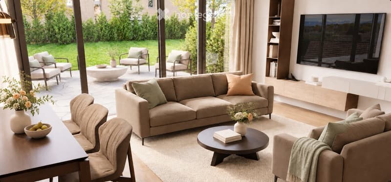 Modern living room with large windows, a beige sectional sofa, coffee table, armchairs, and a TV. The room features a view of a well-maintained garden and patio area with additional seating.