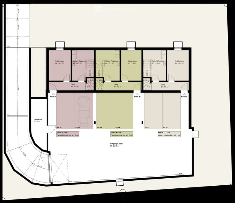 Floor plan showing three houses (Haus A, Haus B, Haus C) with basements, hobby rooms, and a shared underground parking area with six parking spaces.