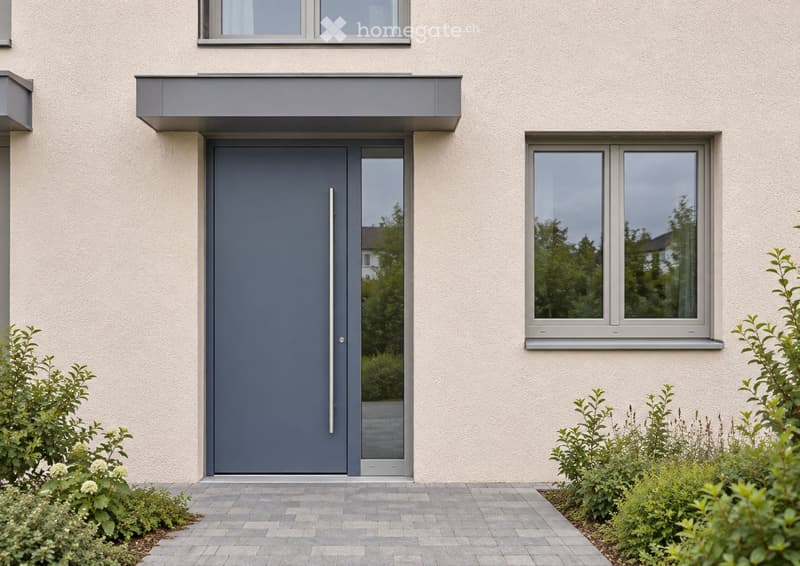 Modern house entrance with a grey front door, large windows, and small garden area with shrubs.