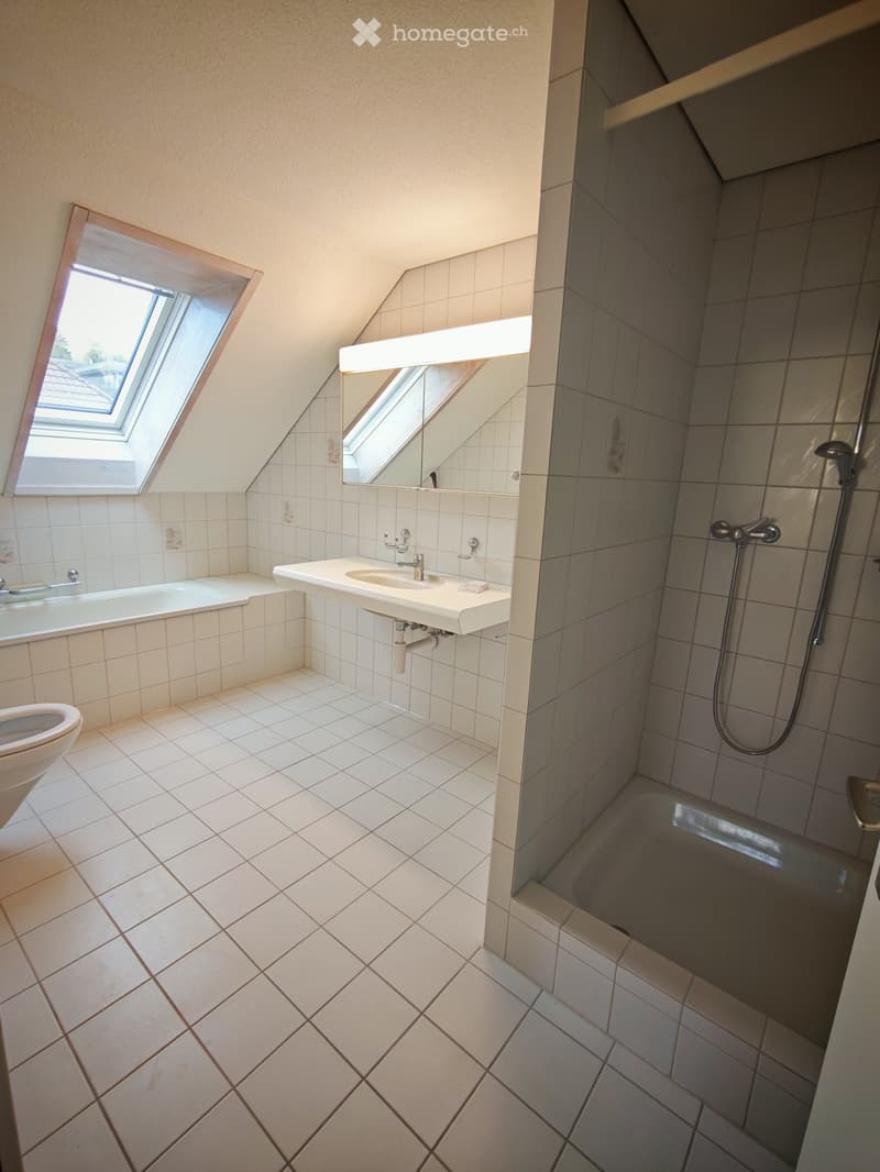 Bright bathroom with white tiled walls and floor, featuring a bathtub, sink, toilet, and a large mirror above the sink. A skylight window provides natural light.