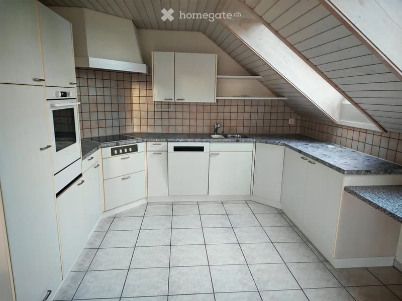 Modern kitchen with white cabinets, granite countertop, built-in oven, dishwasher, and sink under a skylight.