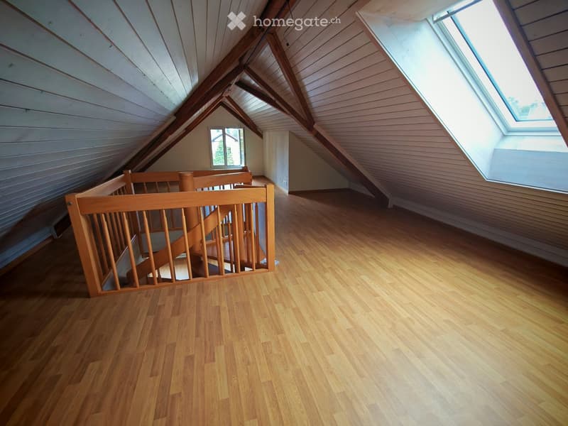 Empty attic space with wooden floors, slanted wooden ceilings, and skylights, featuring a wooden staircase leading downwards.